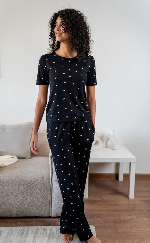 Women summer pajama set Black Hearts shirt + Pants
